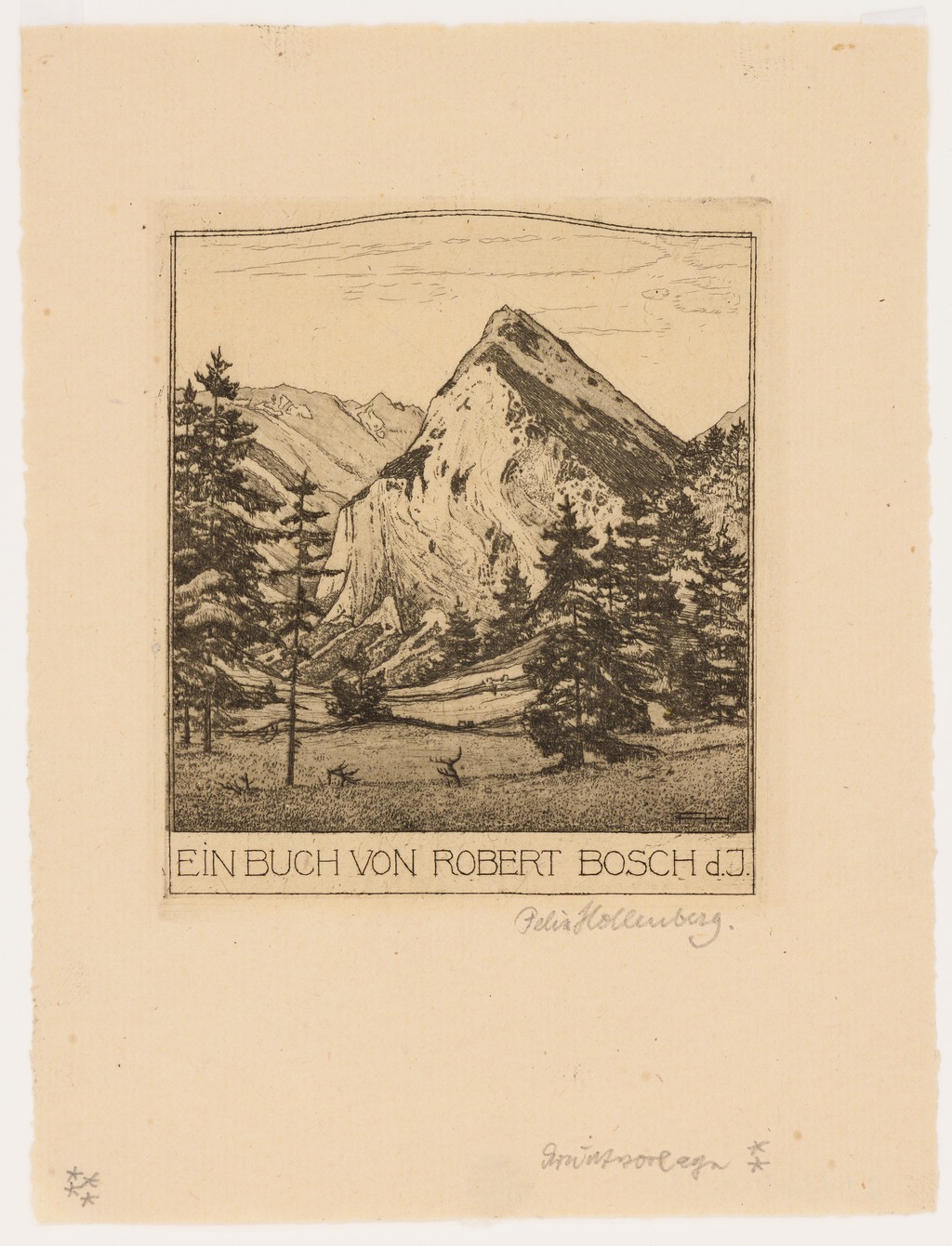 Exlibris Robert Bosch d.J. (Der Raps bei Garmisch), 1917. Ätzradierung mit Roulette von Felix Hollenberg (Plattenrand 130 x 80 mm)